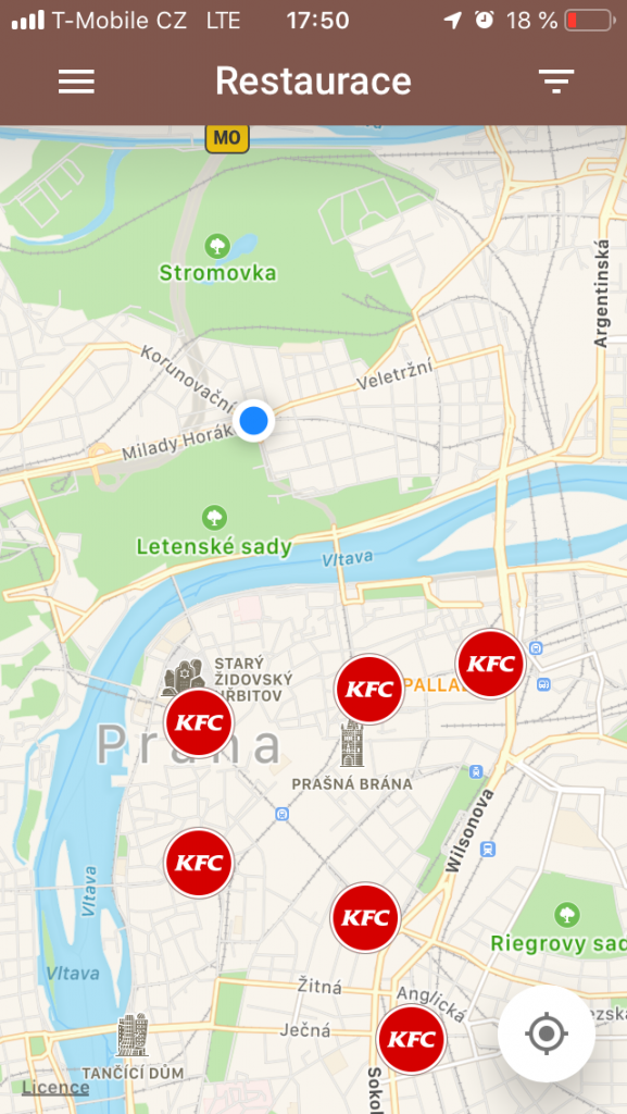KFC prodejny na mapě