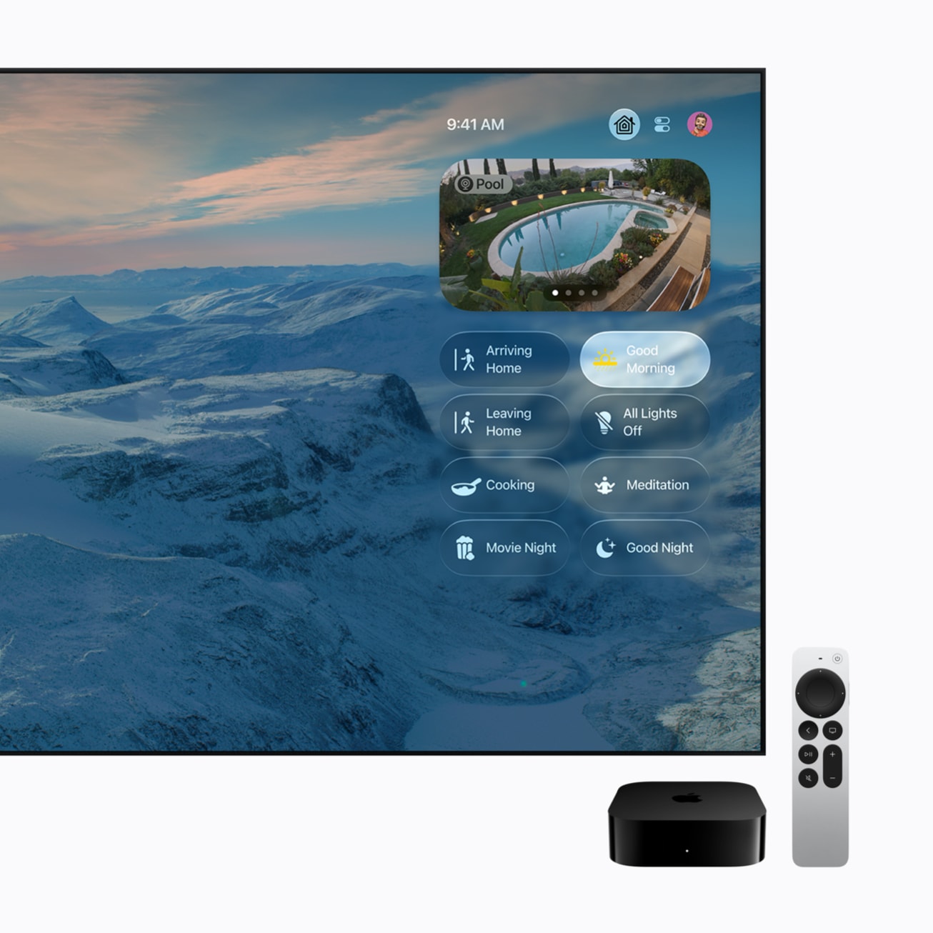 Apple TV 4K jako domácí centrála s náhledem na kameru u dveří na televizi
