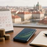 Stolní kalendář s vyznačenými daty výplaty dividend 2026, mince a telefon s grafem akcií