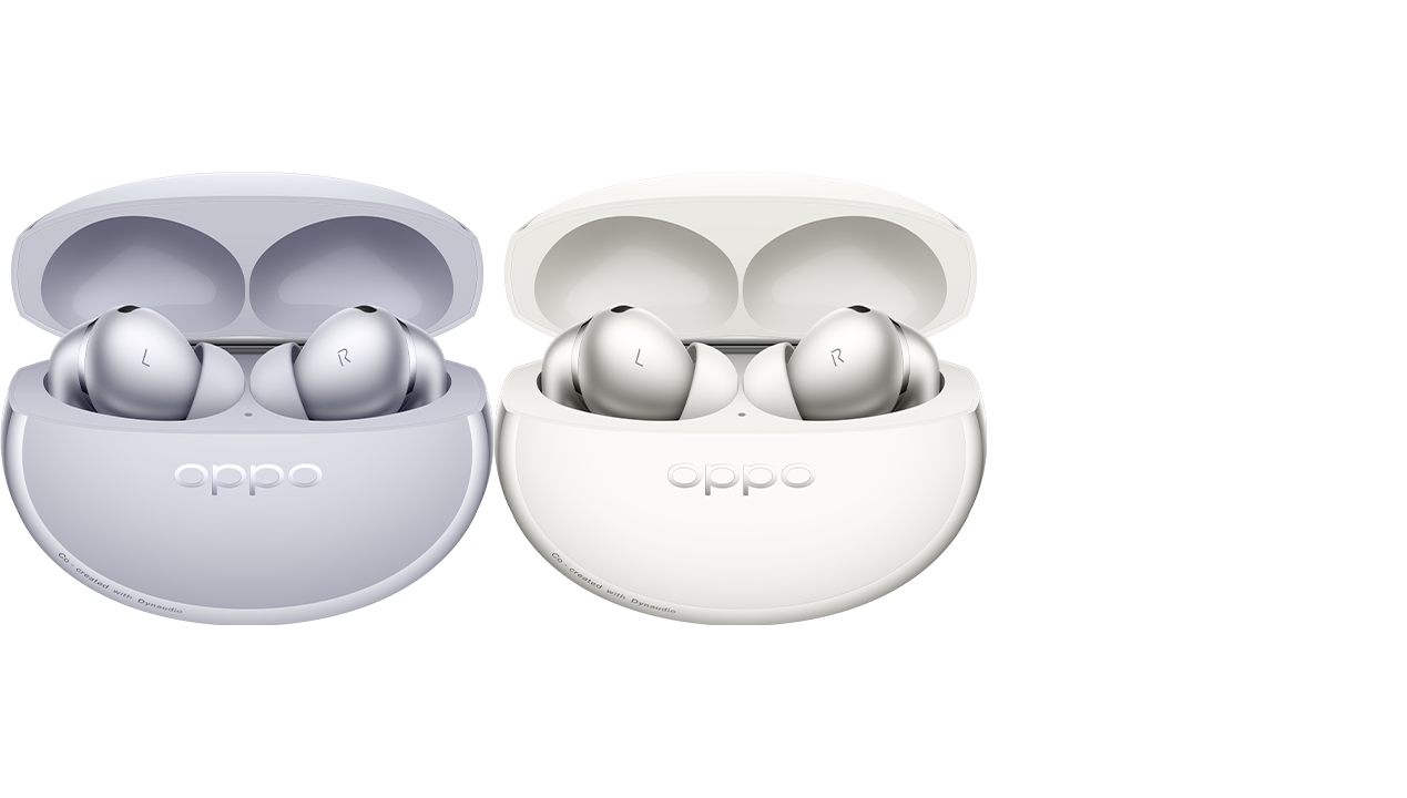 OPPO Enco X4 barvy Aurora Violet a Glacier White – oficiální fotografie