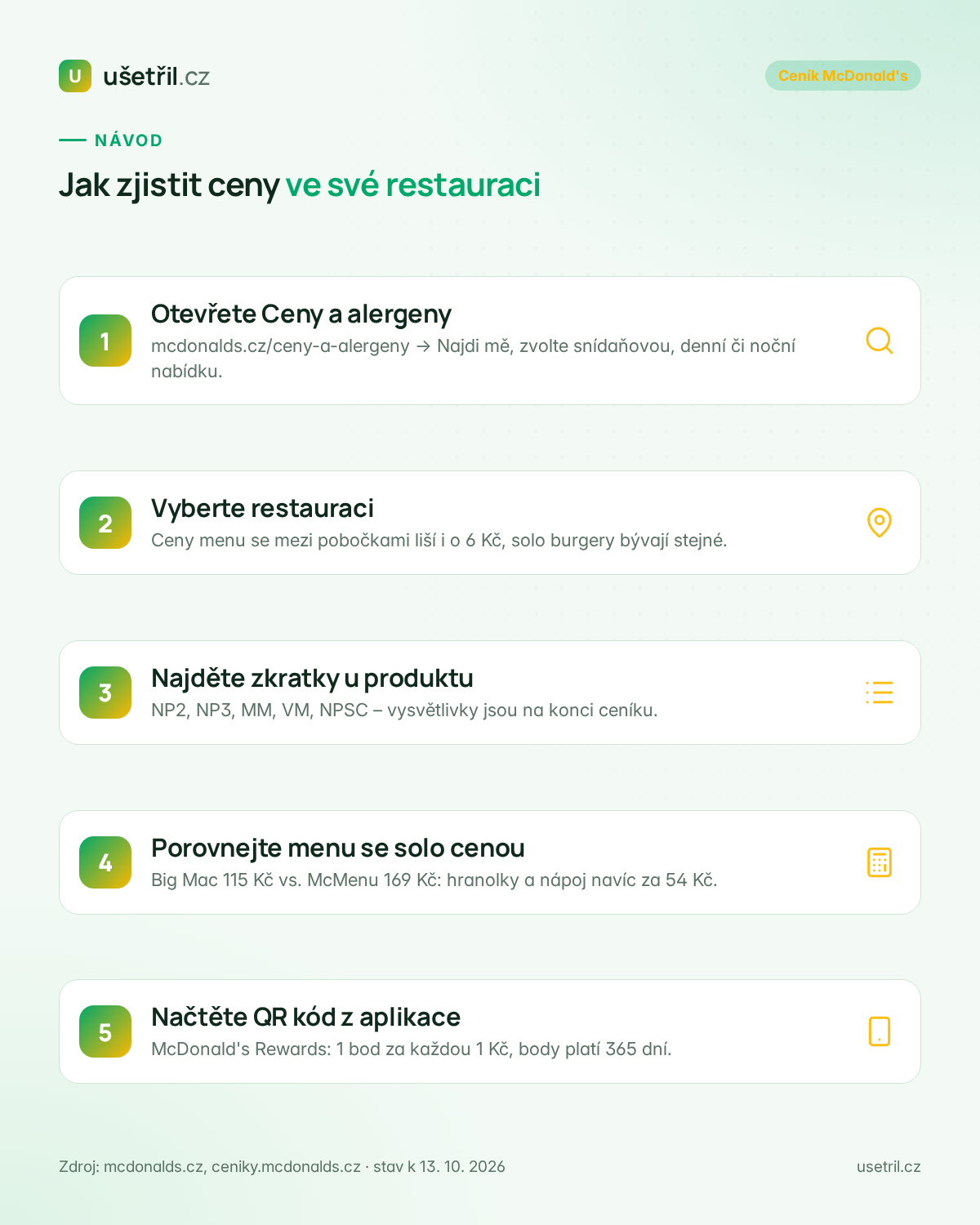 Návod: jak zjistit ceny McDonald's ve své restauraci – Ceny a alergeny, výběr restaurace, zkratky NP2, NP3, MM, VM