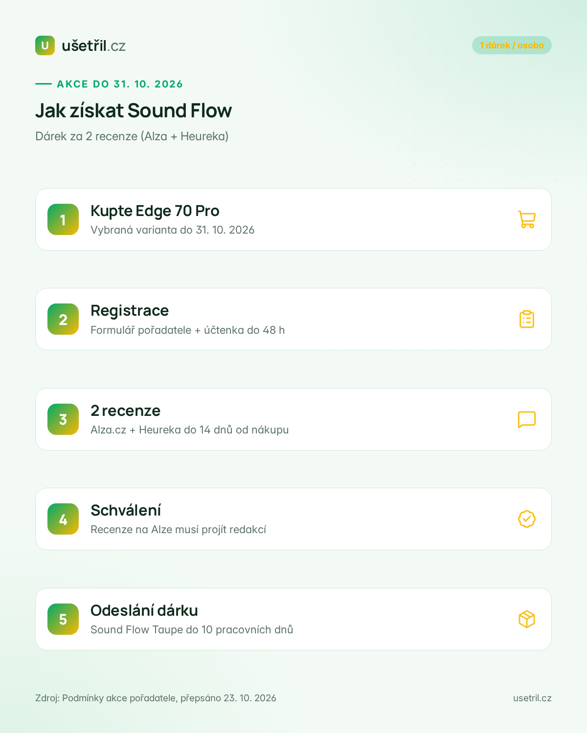 Postup jak získat Motorola Sound Flow k Edge 70 Pro: nákup, registrace, dvě recenze, schválení, odeslání