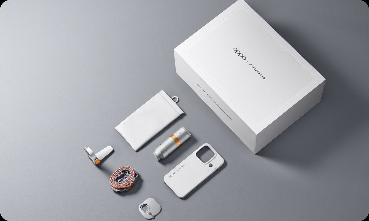 Sada OPPO Hasselblad Teleconverter Kit pro Find X10 – kryt, telekonvertor, pouzdro a šňůrka – oficiální fotografie