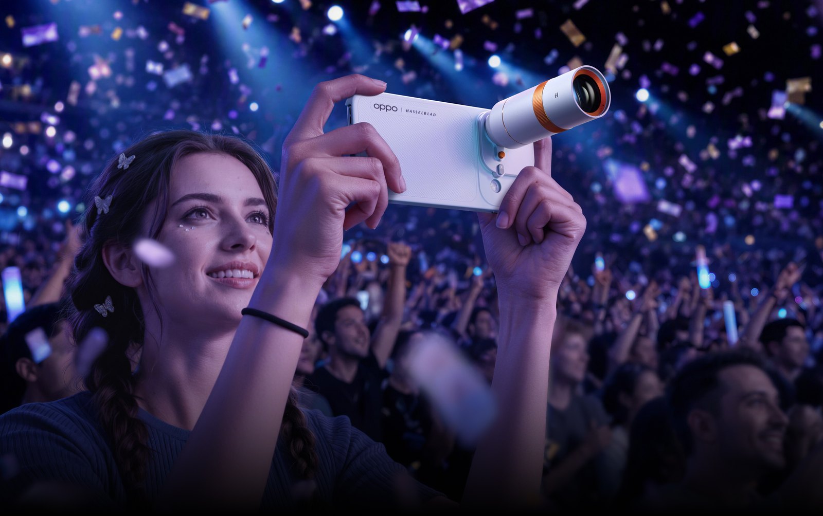 OPPO Find X10 s nasazeným telekonvertorem Hasselblad při focení na koncertě – oficiální fotografie výrobce