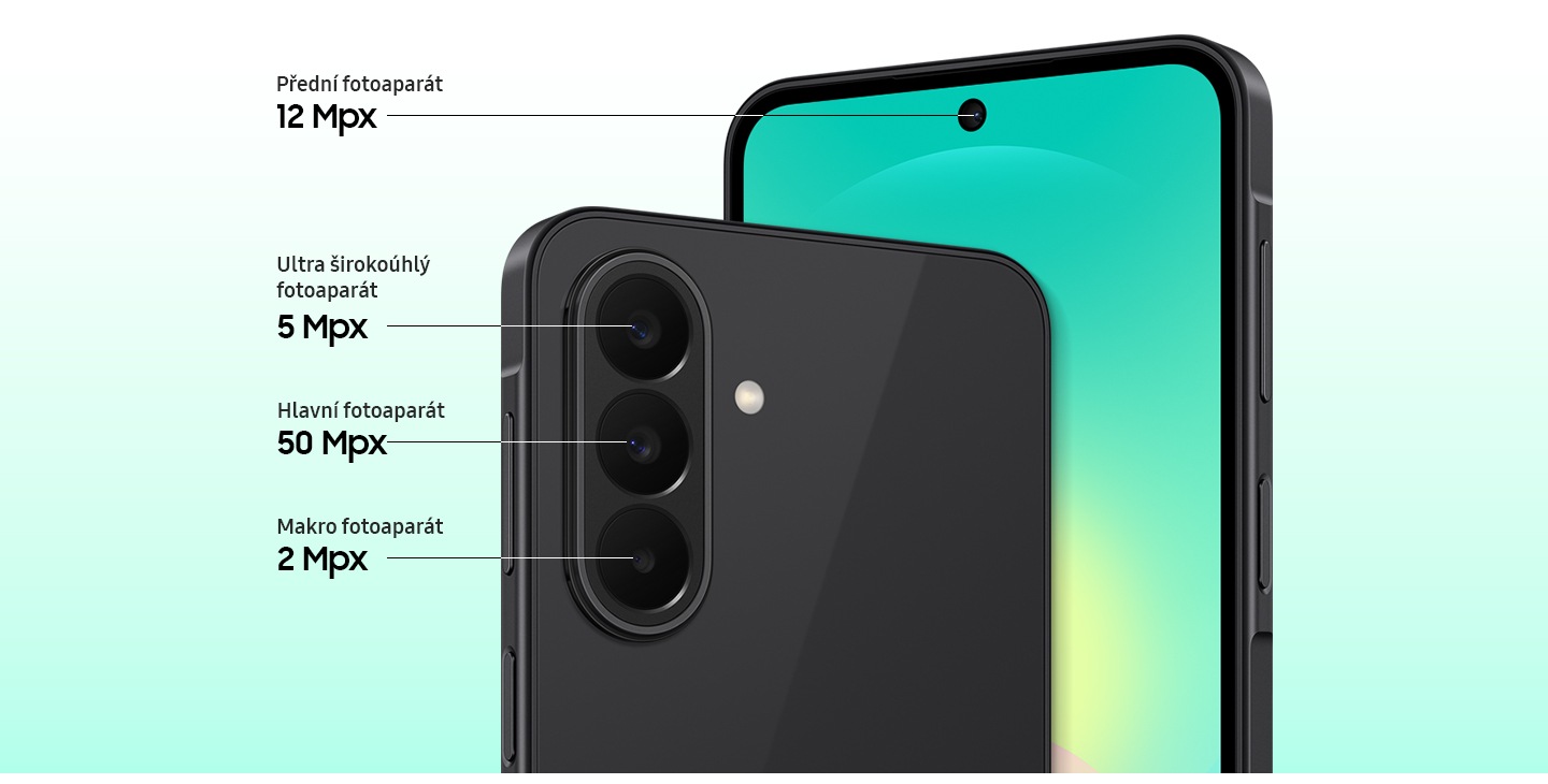 Popis fotoaparátů Galaxy A27 5G: 12 Mpx přední, 5 Mpx ultraširoký, 50 Mpx hlavní a 2 Mpx makro